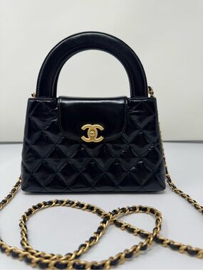 CHANEL Black Quilted Patent Leather Top-Handle Mini Bag with Gold Hardware